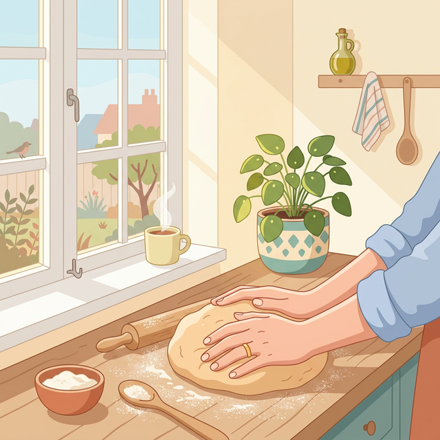 Kneading dough in kitchen